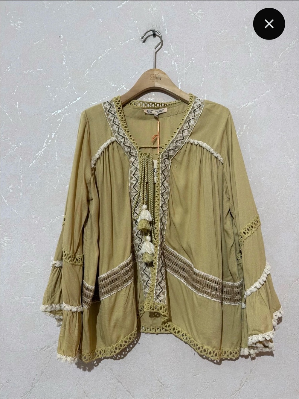FR63. From France 🇫🇷 Boho Tassel Peasant Top in Olive Green - Picture 2 of 2